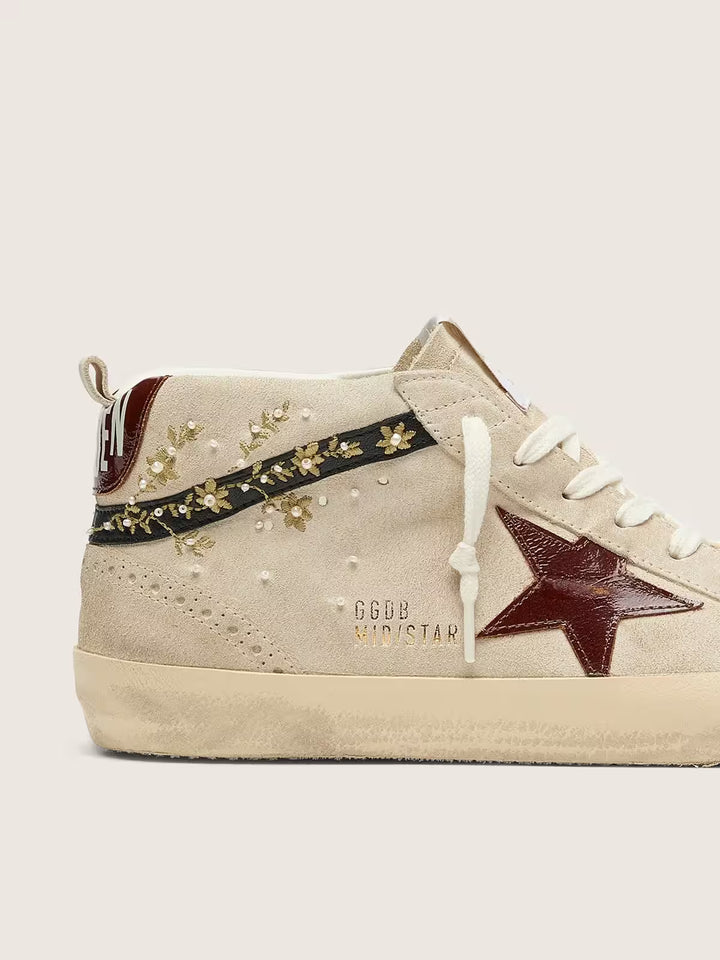 Mid Star Sneakers in Pearl Suede with Floral Embroidery