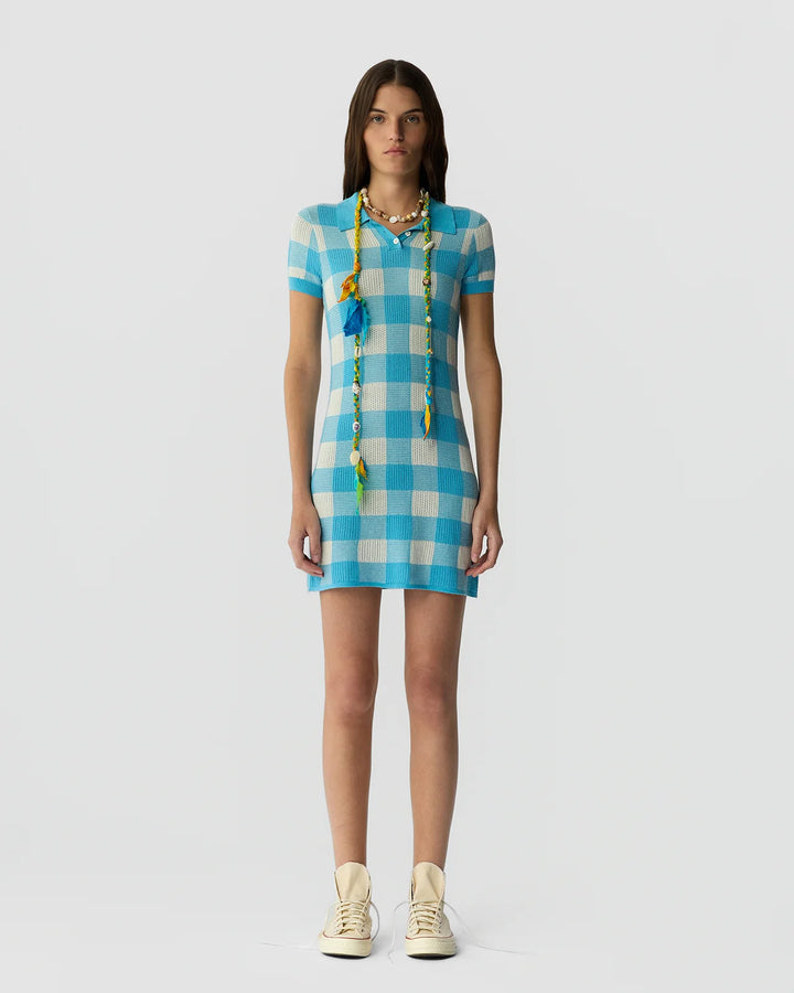 Gingham Polo Dress - Medium Blue/Cream