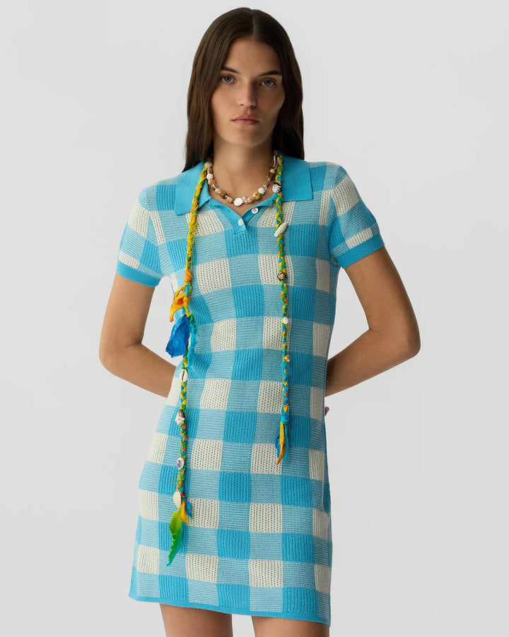 Gingham Polo Dress - Medium Blue/Cream