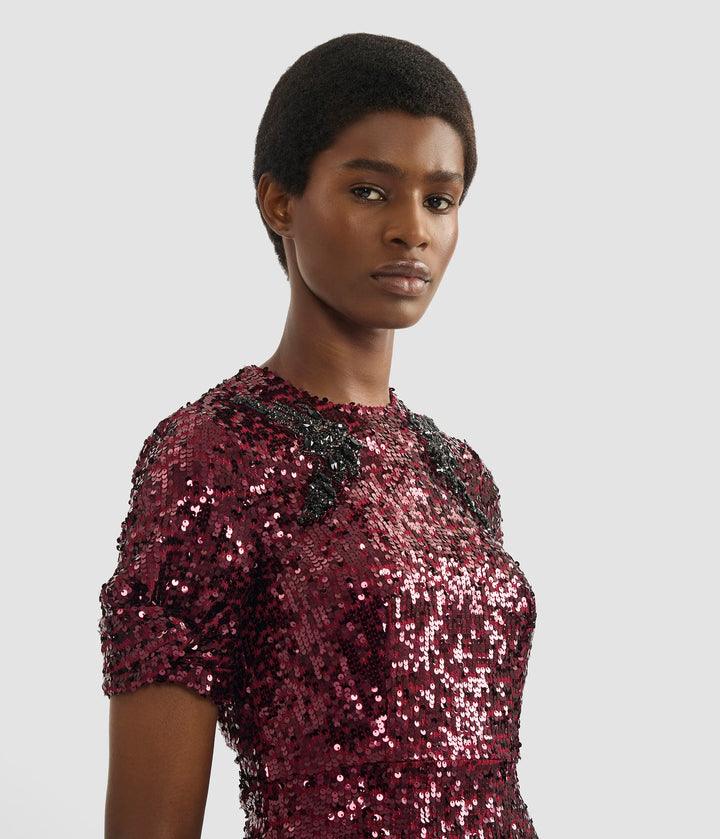 Embellished Sequin Midi Dress - Mulberry