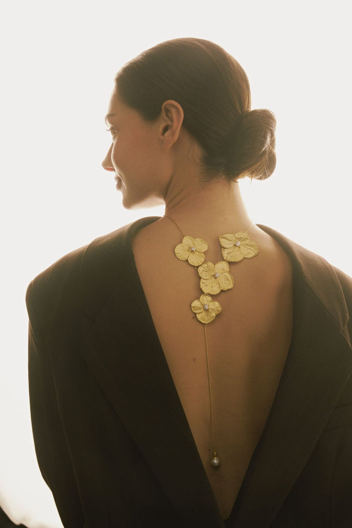 Hydrangeas and Pearl Necklace - Gold and Pearl
