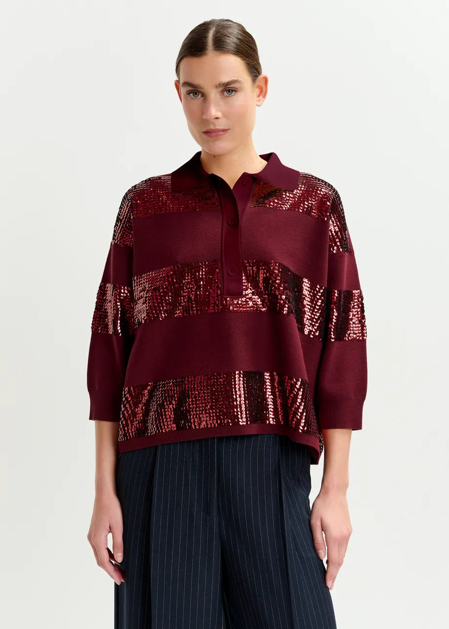 ILLUMINATI STRIPED SEQUIN POLO - Burgundy