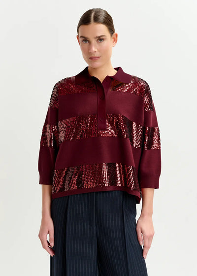 ILLUMINATI STRIPED SEQUIN POLO - Burgundy