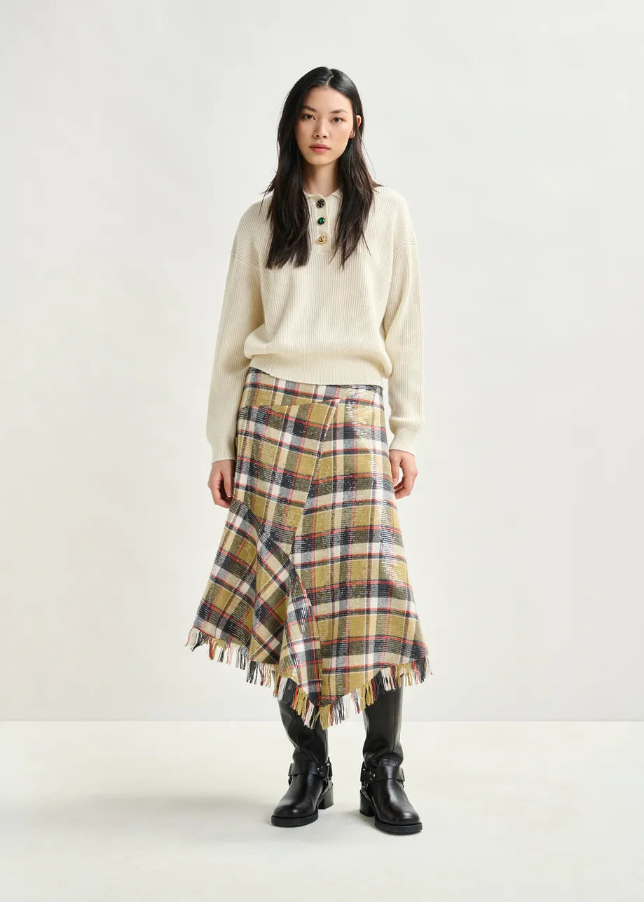 IPLAID ASYMMETRIC SEQUIN SKIRT - Dark Blue/Khaki/Red