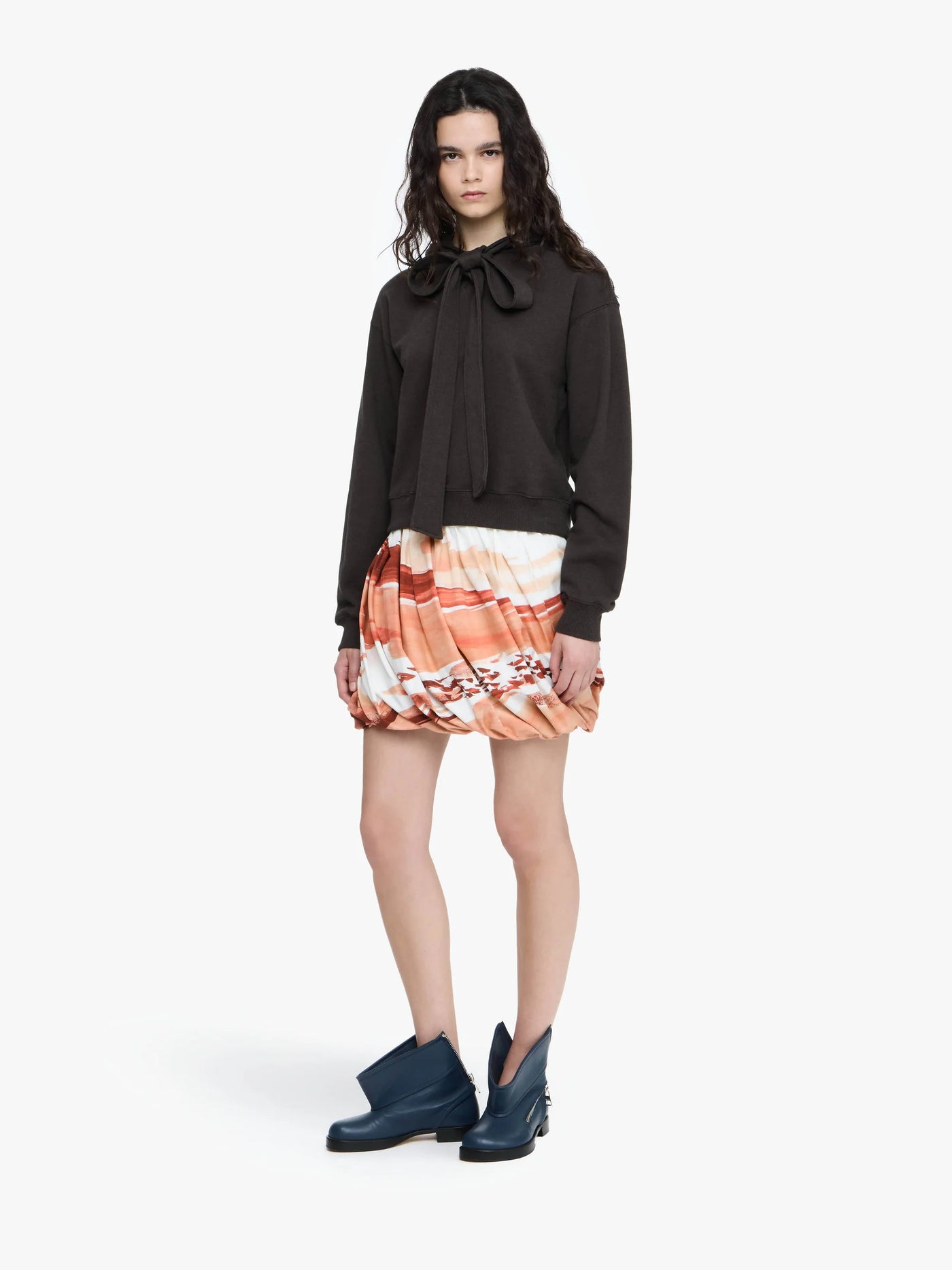TIED BOW HOODIE - Dark Brown Melange