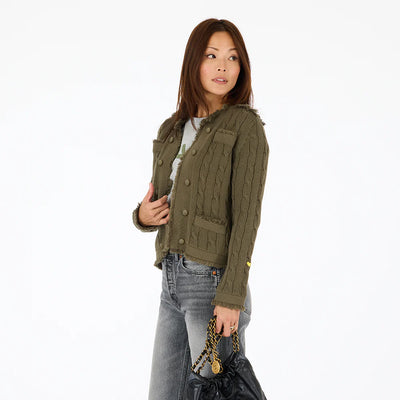 Beau-Lero Fringe Cable Cardigan - Olive