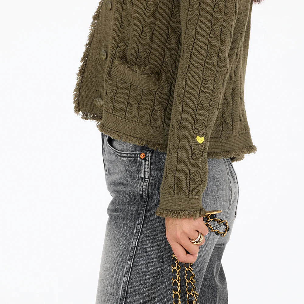 Beau-Lero Fringe Cable Cardigan - Olive