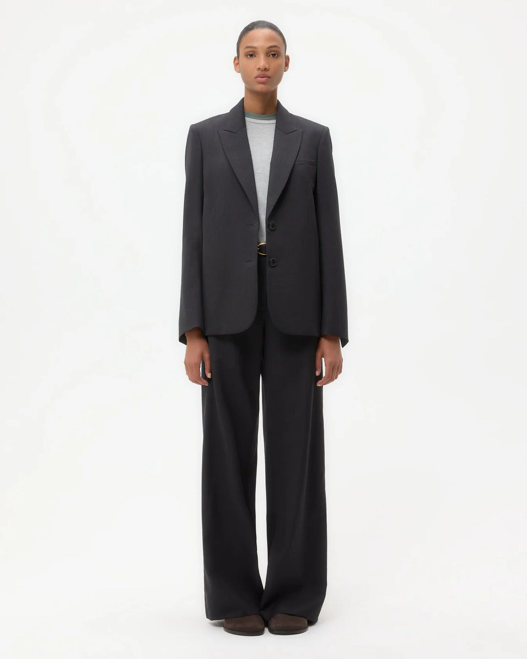 Perfect Boyfriend Blazer in Micro Herringbone Wool Suiting - Charcoal