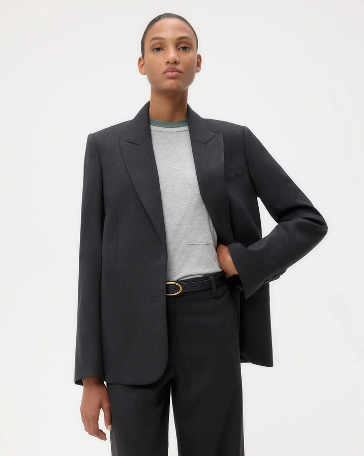 Perfect Boyfriend Blazer in Micro Herringbone Wool Suiting - Charcoal