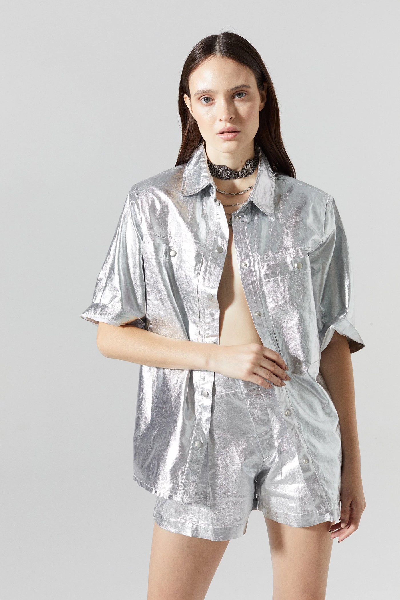 Soho Metallic Linen Shirt - Silver