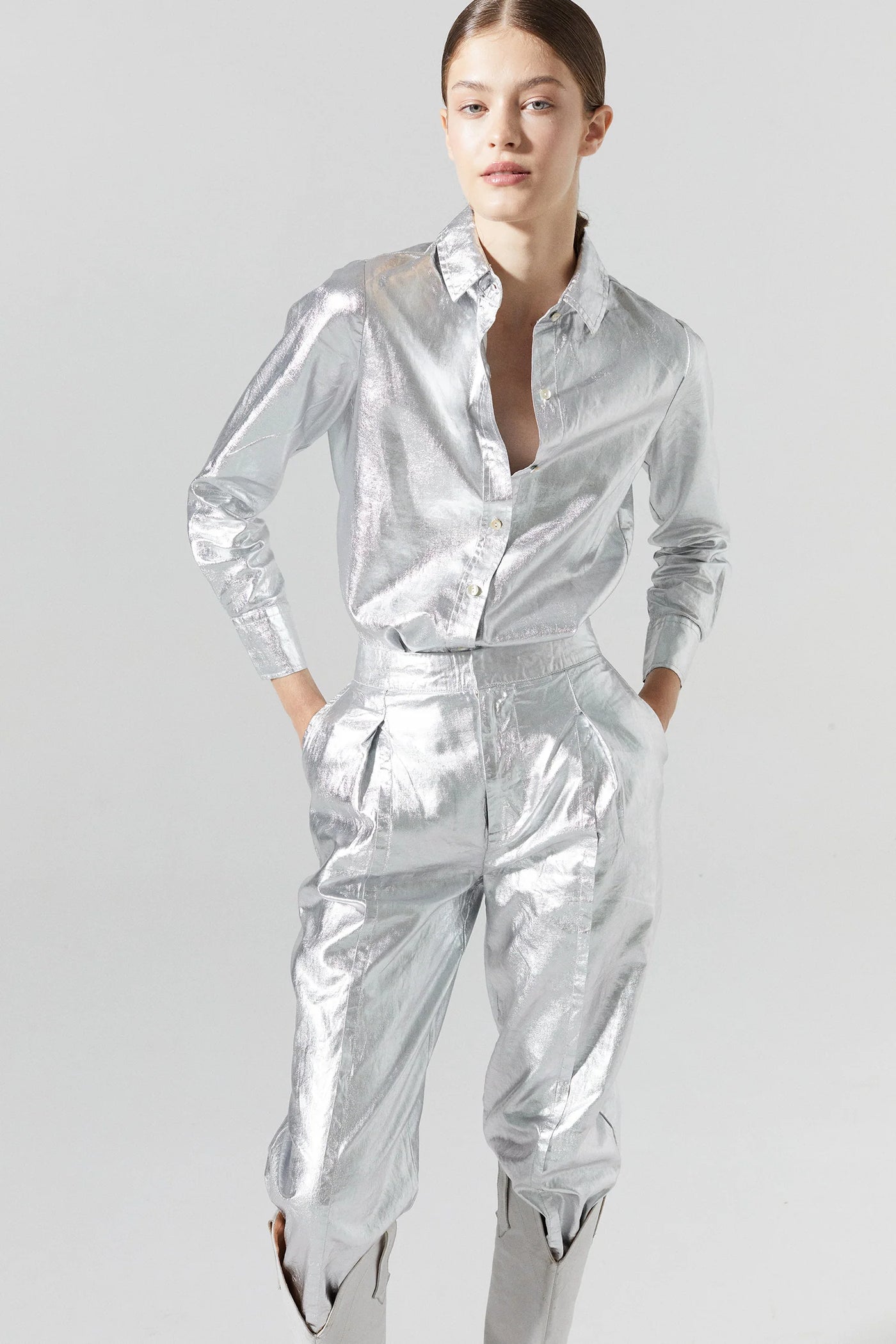 San Marino Metallic Linen Shirt - Silver