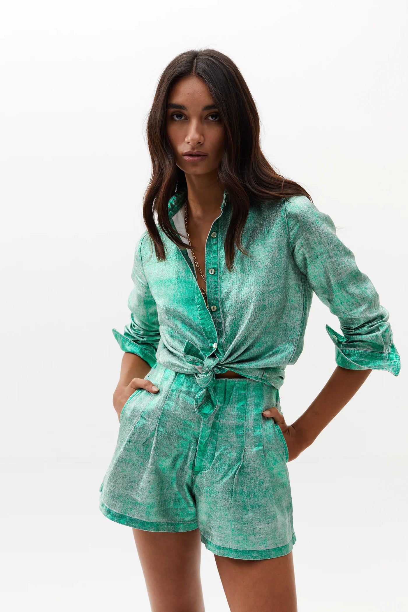 San Marino Metallic Linen Shirt - Emerald Green
