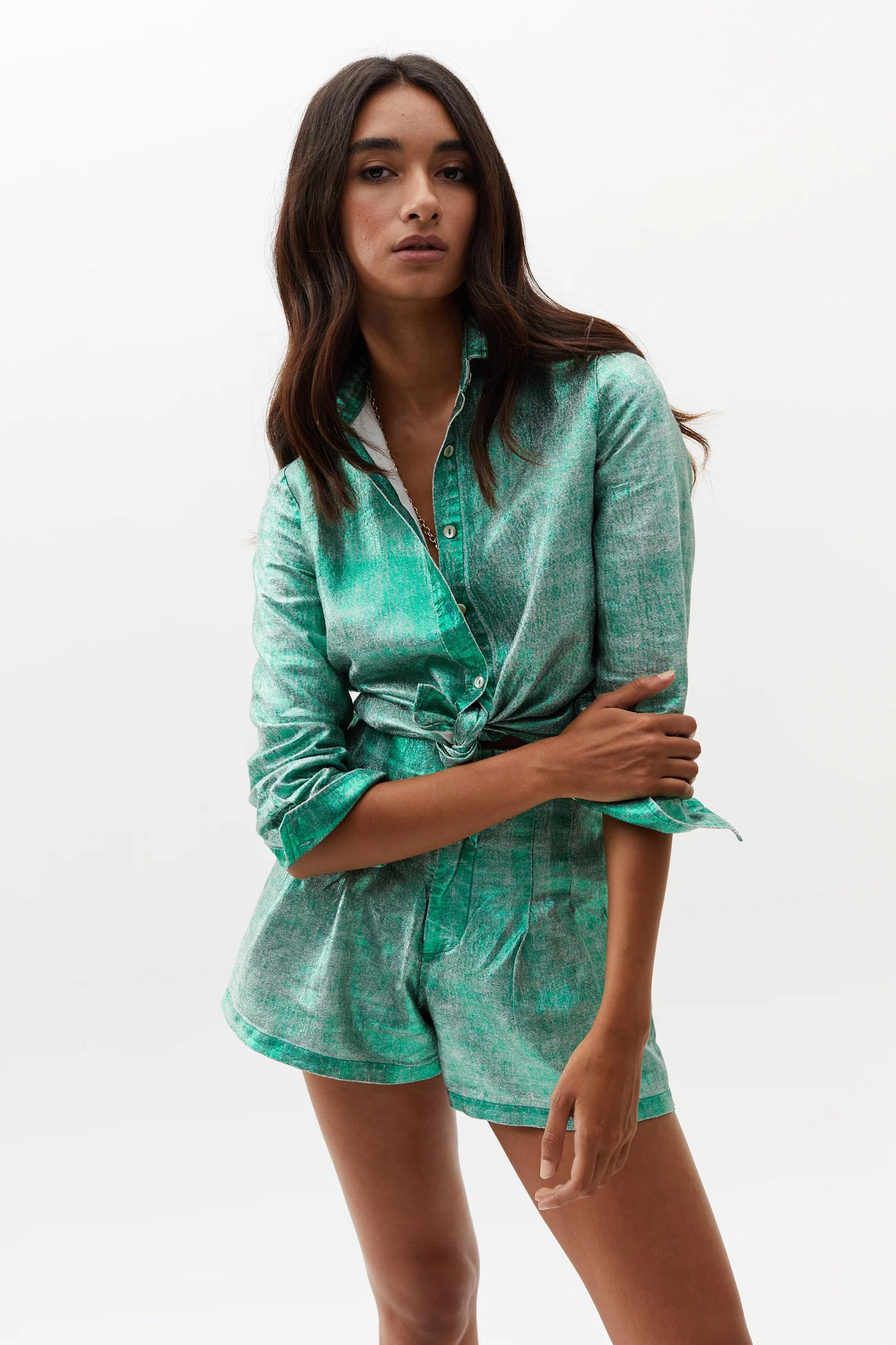 San Marino Metallic Linen Shirt - Emerald Green