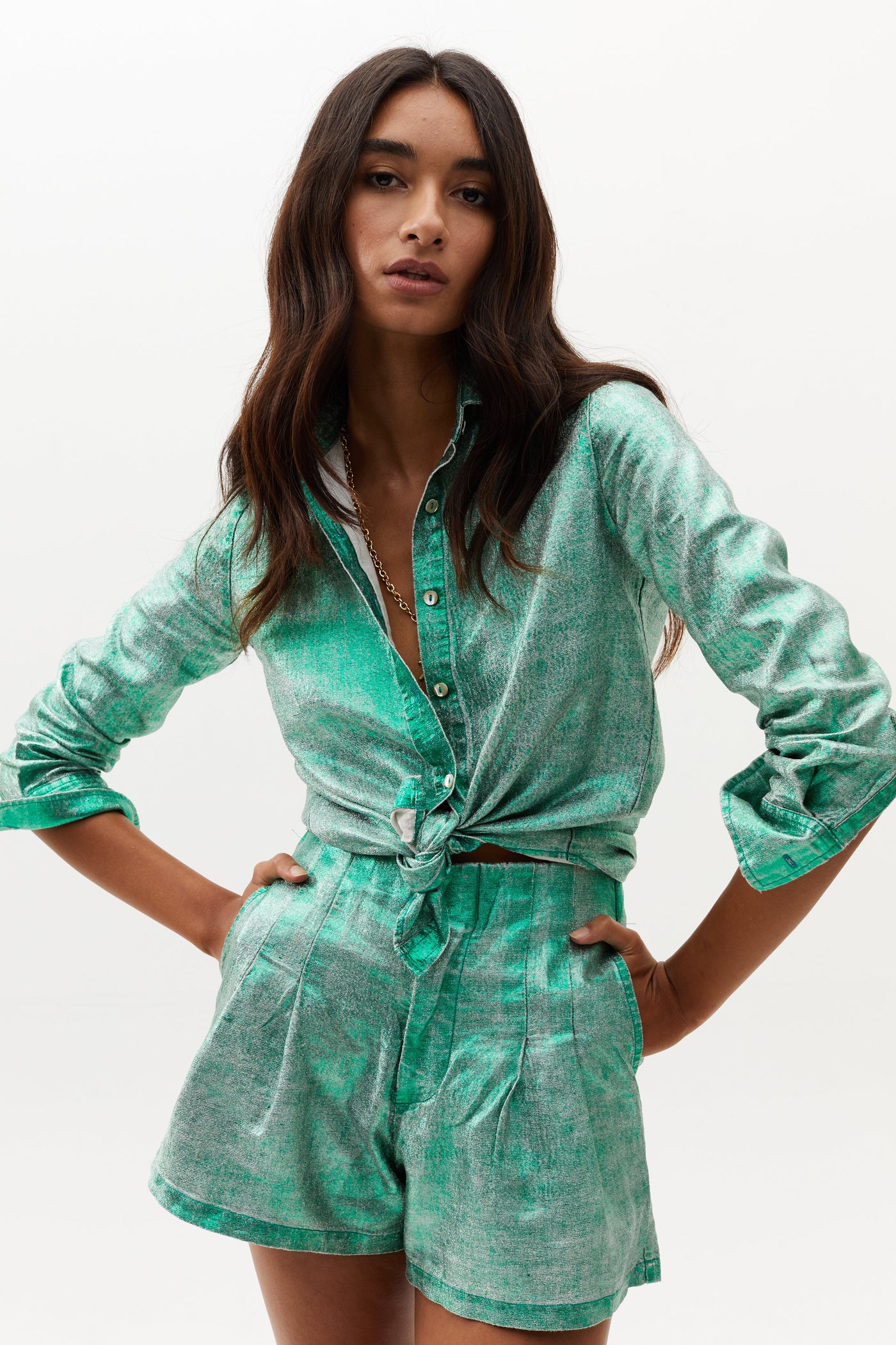 San Marino Metallic Linen Shirt - Emerald Green