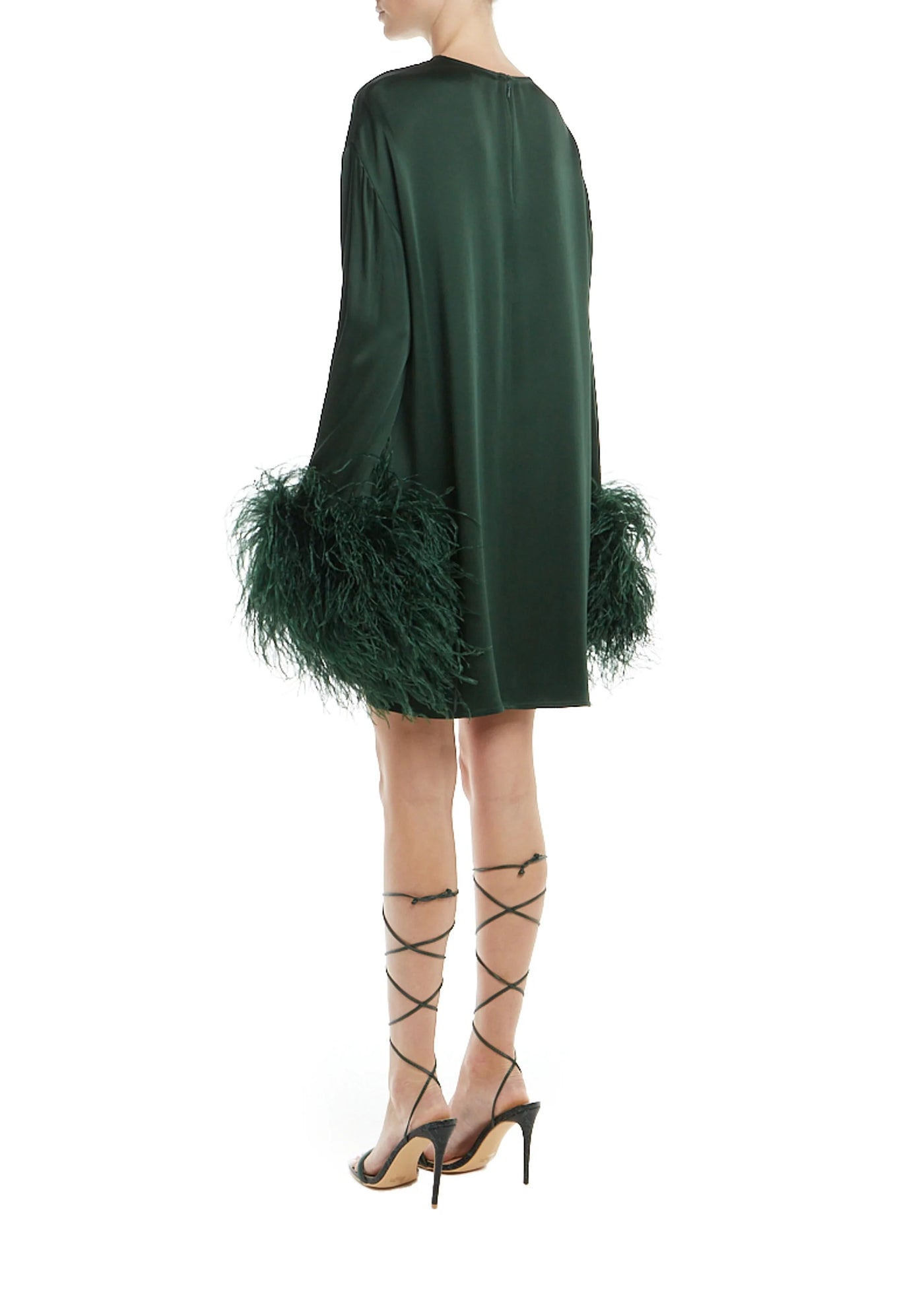 Satin Shift Dress with Feathers - Forest