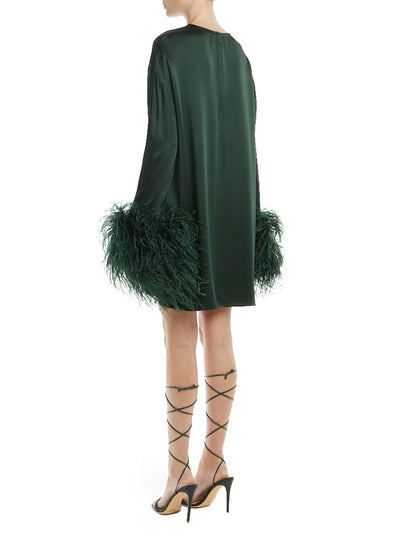 Satin Shift Dress with Feathers - Forest