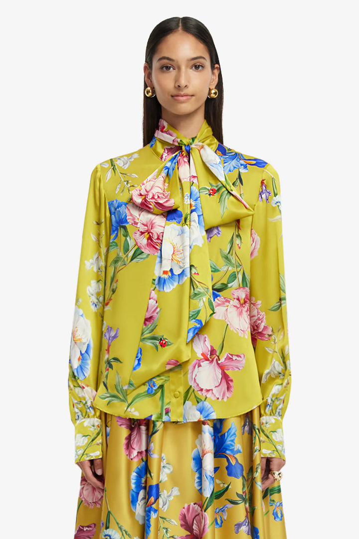 Freya Tie Neck Silk Blouse - Garden Print Mustard