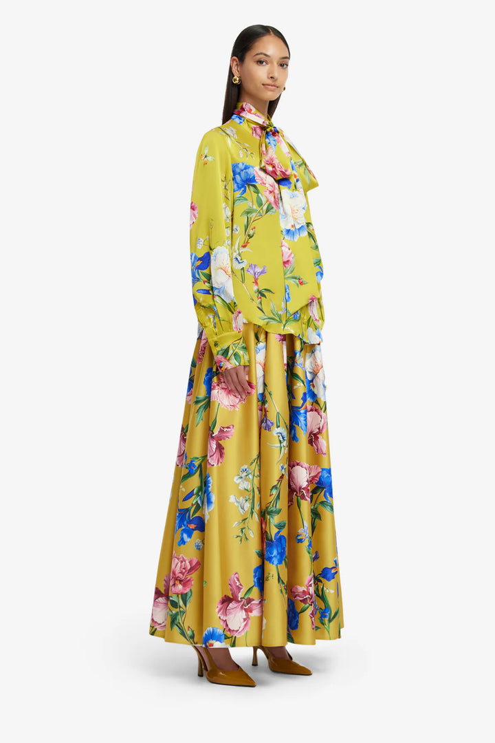 Freya Tie Neck Silk Blouse - Garden Print Mustard