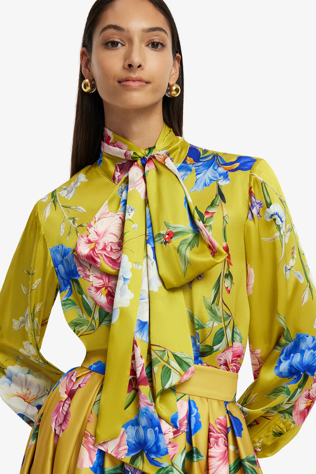 Freya Tie Neck Silk Blouse - Garden Print Mustard