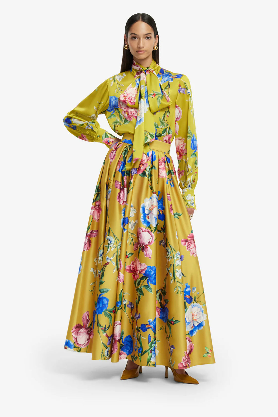 Freya Tie Neck Silk Blouse - Garden Print Mustard