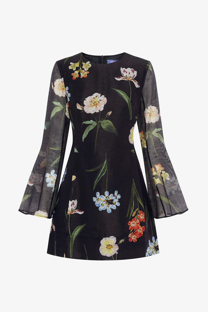 Suzanne Bell Sleeve Mini Dress - Botanical Print in Ebony