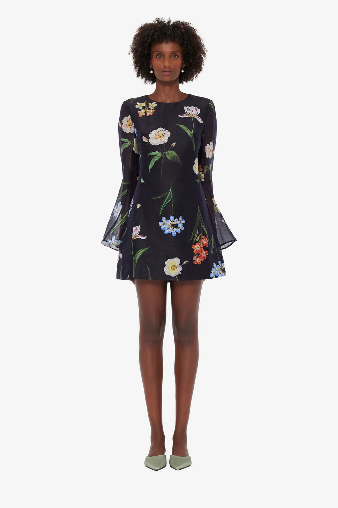 Suzanne Bell Sleeve Mini Dress - Botanical Print in Ebony
