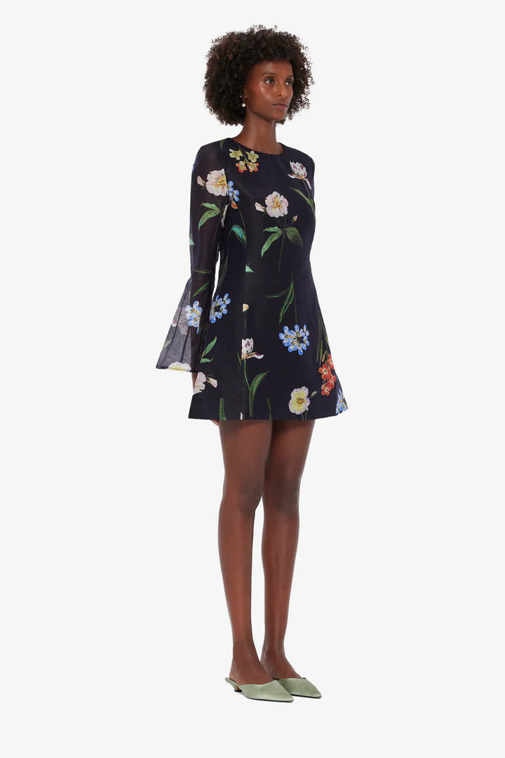Suzanne Bell Sleeve Mini Dress - Botanical Print in Ebony