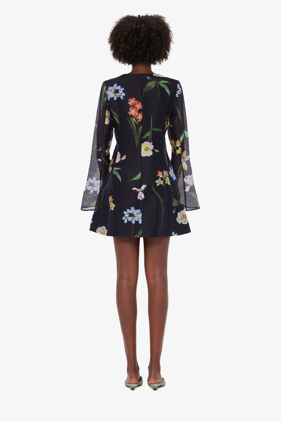 Suzanne Bell Sleeve Mini Dress - Botanical Print in Ebony