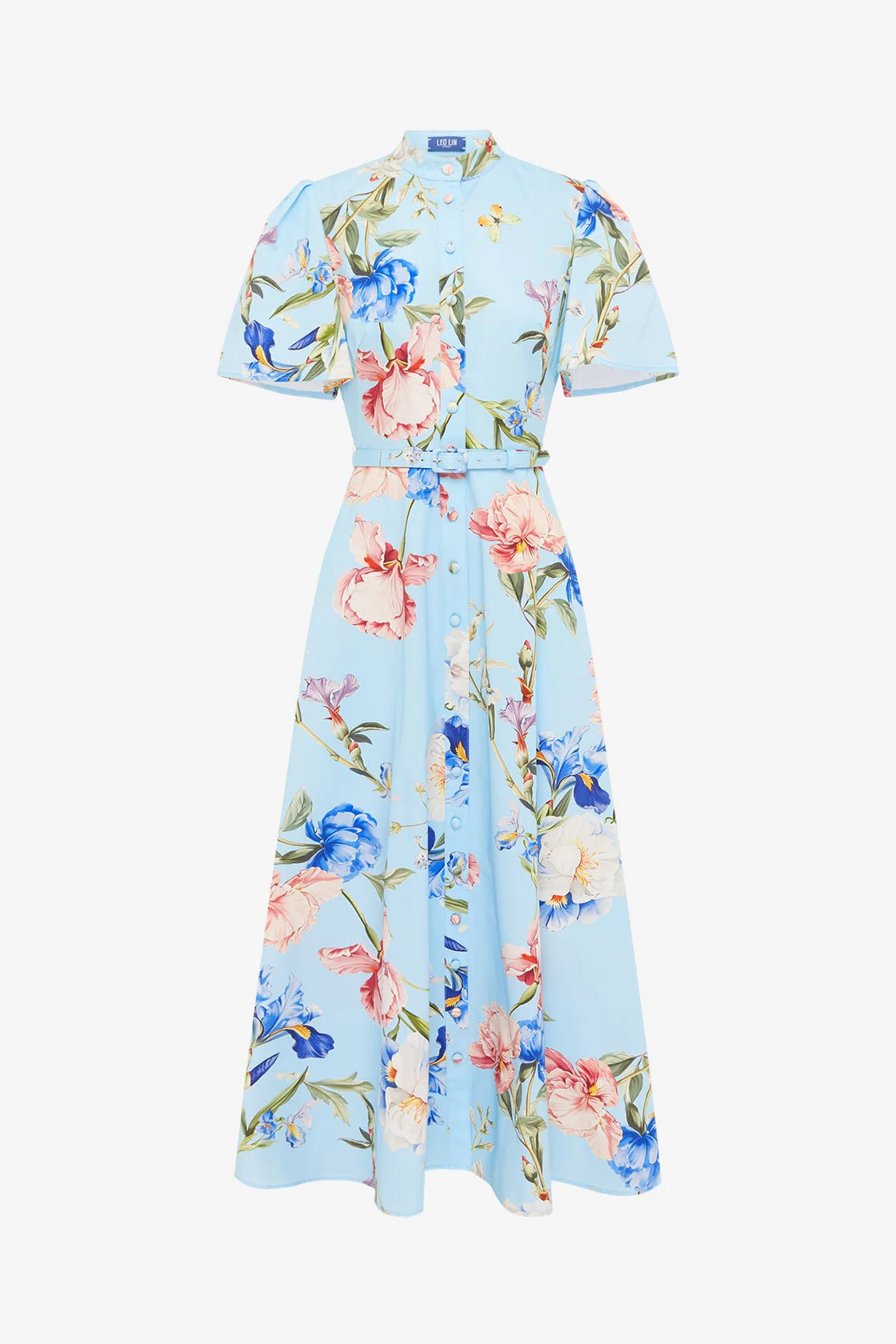 Bianca Short Sleeve Midi Dress - Garden Print in Baby Blue