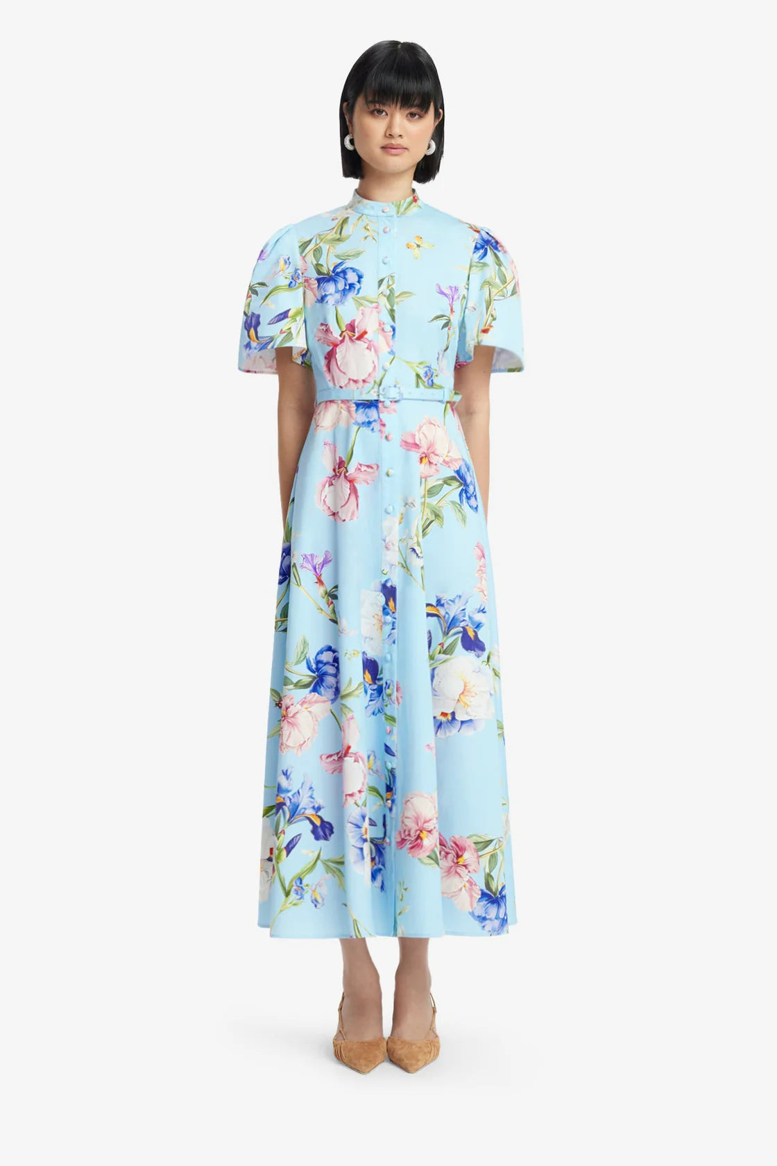 Bianca Short Sleeve Midi Dress - Garden Print in Baby Blue