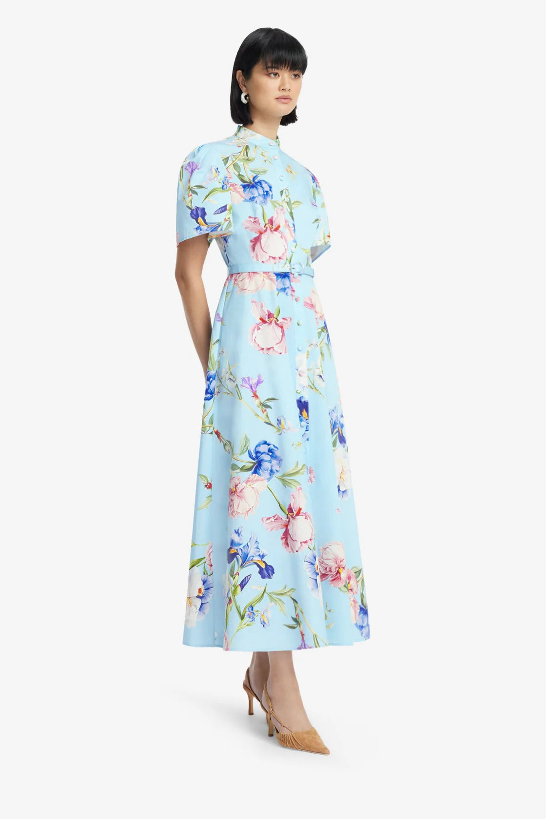 Bianca Short Sleeve Midi Dress - Garden Print in Baby Blue