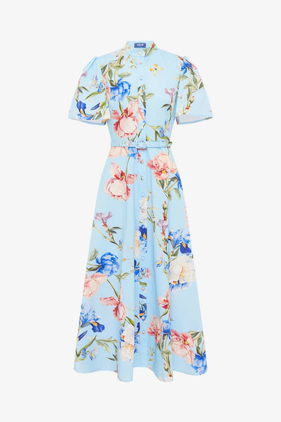 Bianca Short Sleeve Midi Dress - Garden Print in Baby Blue