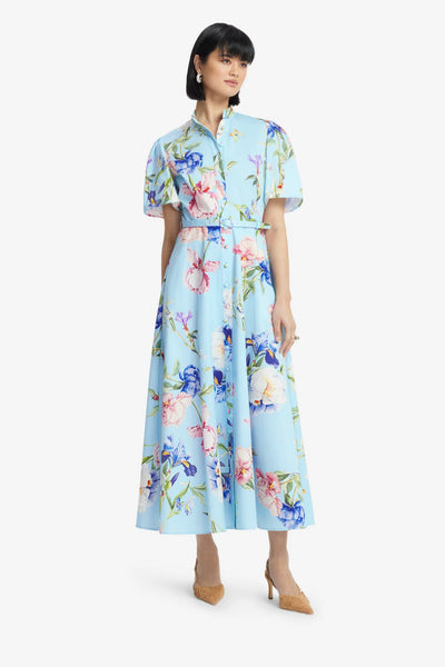 Bianca Short Sleeve Midi Dress - Garden Print in Baby Blue