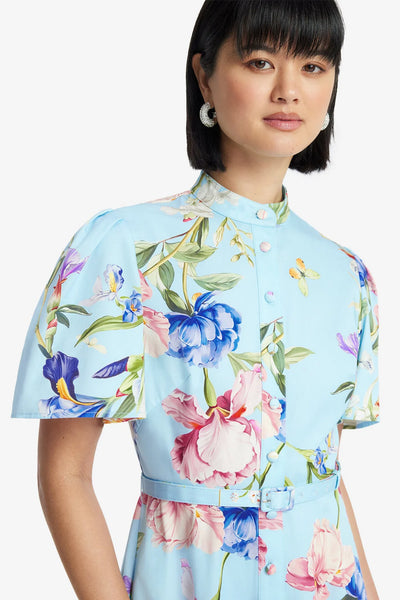 Bianca Short Sleeve Midi Dress - Garden Print in Baby Blue