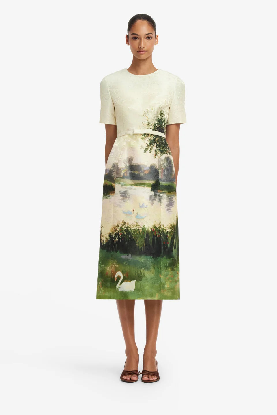 Elizabeth Jacquard Short Sleeve Midi Dress - Green Multi
