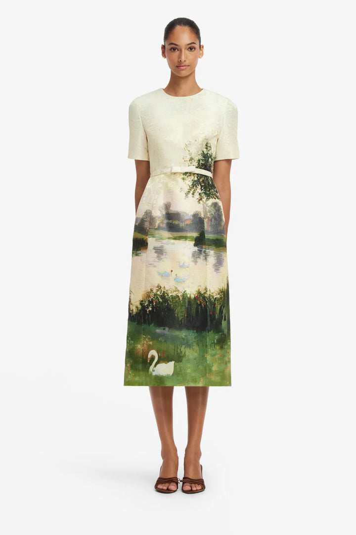 Elizabeth Jacquard Short Sleeve Midi Dress - Green Multi