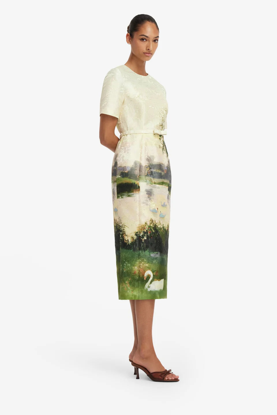 Elizabeth Jacquard Short Sleeve Midi Dress - Green Multi