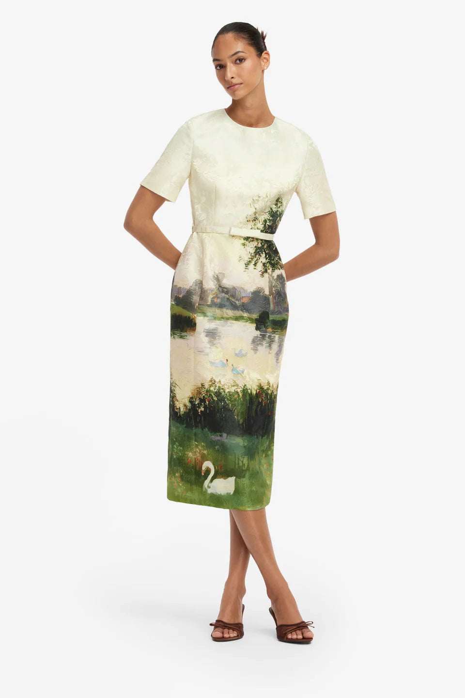 Elizabeth Jacquard Short Sleeve Midi Dress - Green Multi