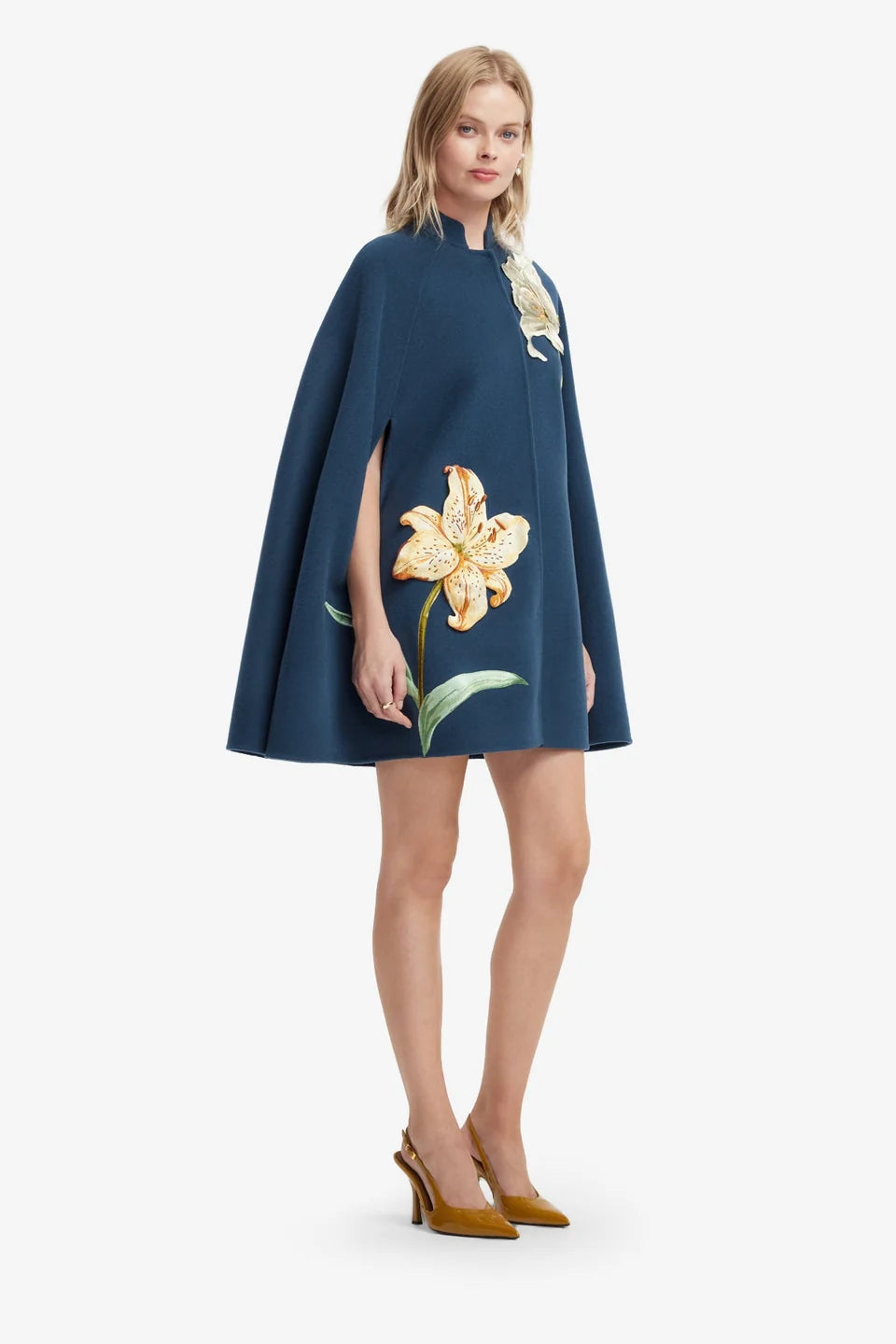 Sloane Embroidered Wool Cape Jacket in Lily Print Indigo