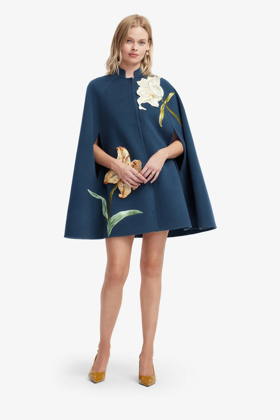 Sloane Embroidered Wool Cape Jacket in Lily Print Indigo