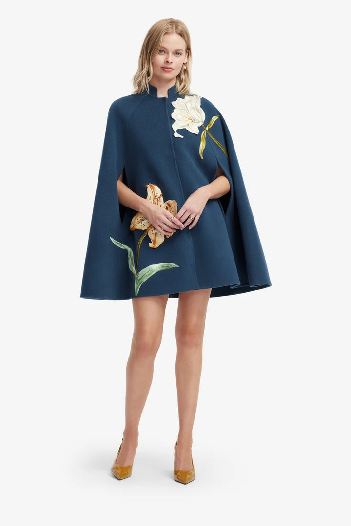 Sloane Embroidered Wool Cape Jacket in Lily Print Indigo