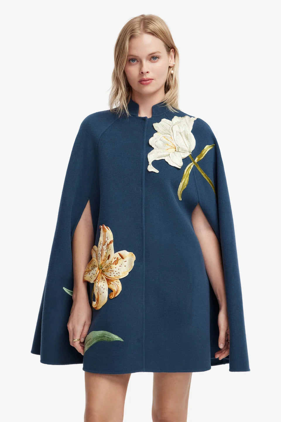 Sloane Embroidered Wool Cape Jacket in Lily Print Indigo