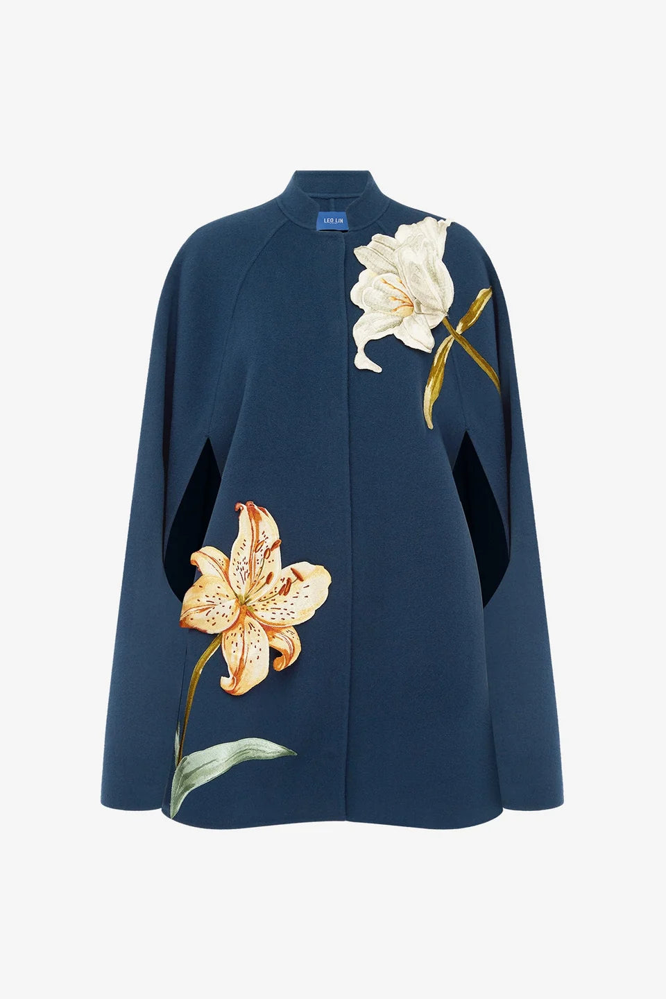 Sloane Embroidered Wool Cape Jacket in Lily Print Indigo