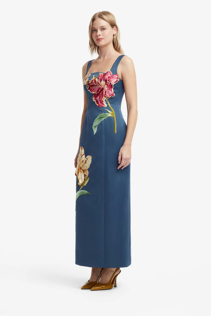 Adelina Embroidered Maxi Dress in Lily Print Indigo