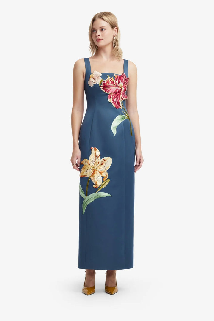 Adelina Embroidered Maxi Dress in Lily Print Indigo