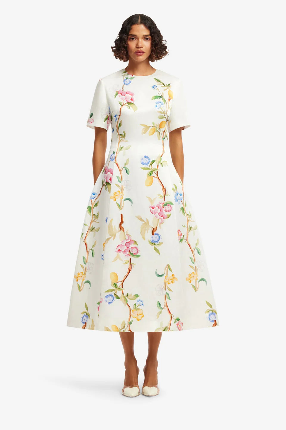 Caroline Midi Dress - Lemon Vine Print in Snow