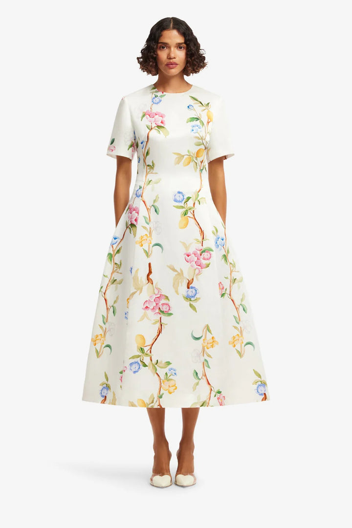 Caroline Midi Dress - Lemon Vine Print in Snow
