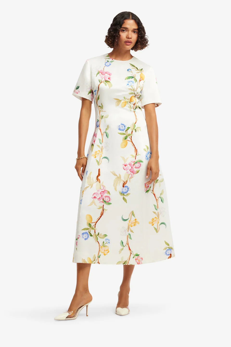 Caroline Midi Dress - Lemon Vine Print in Snow
