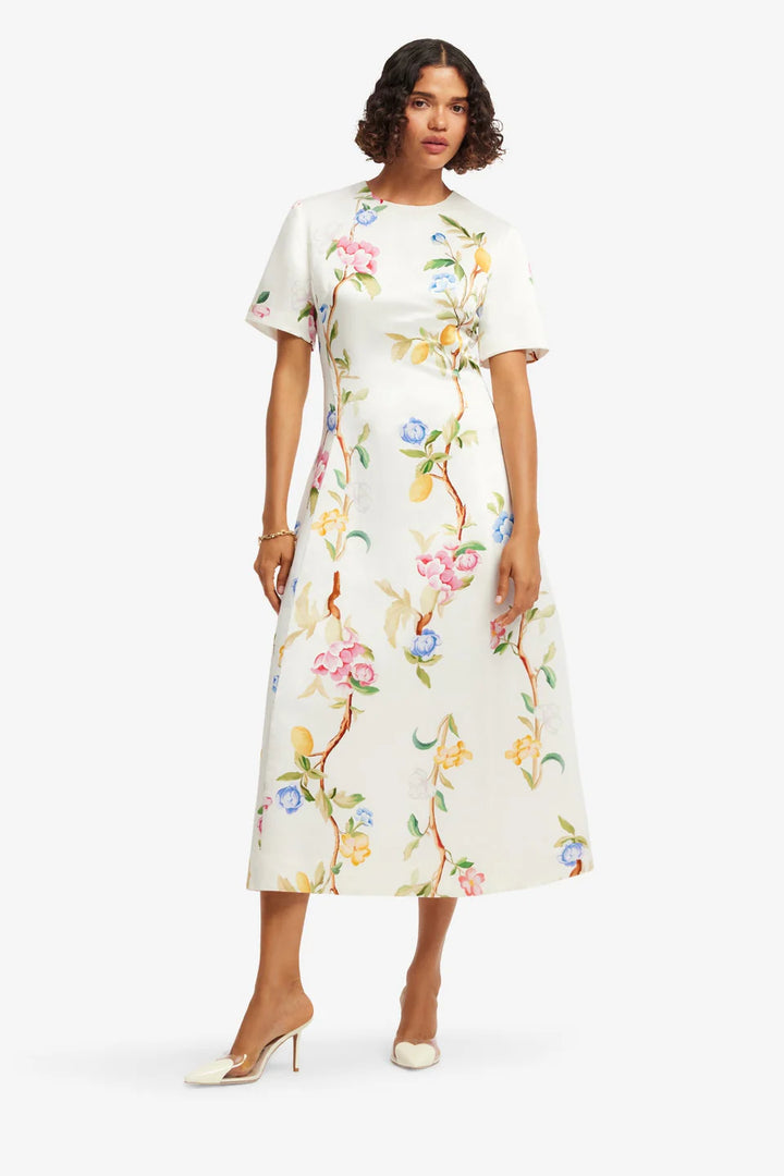 Caroline Midi Dress - Lemon Vine Print in Snow