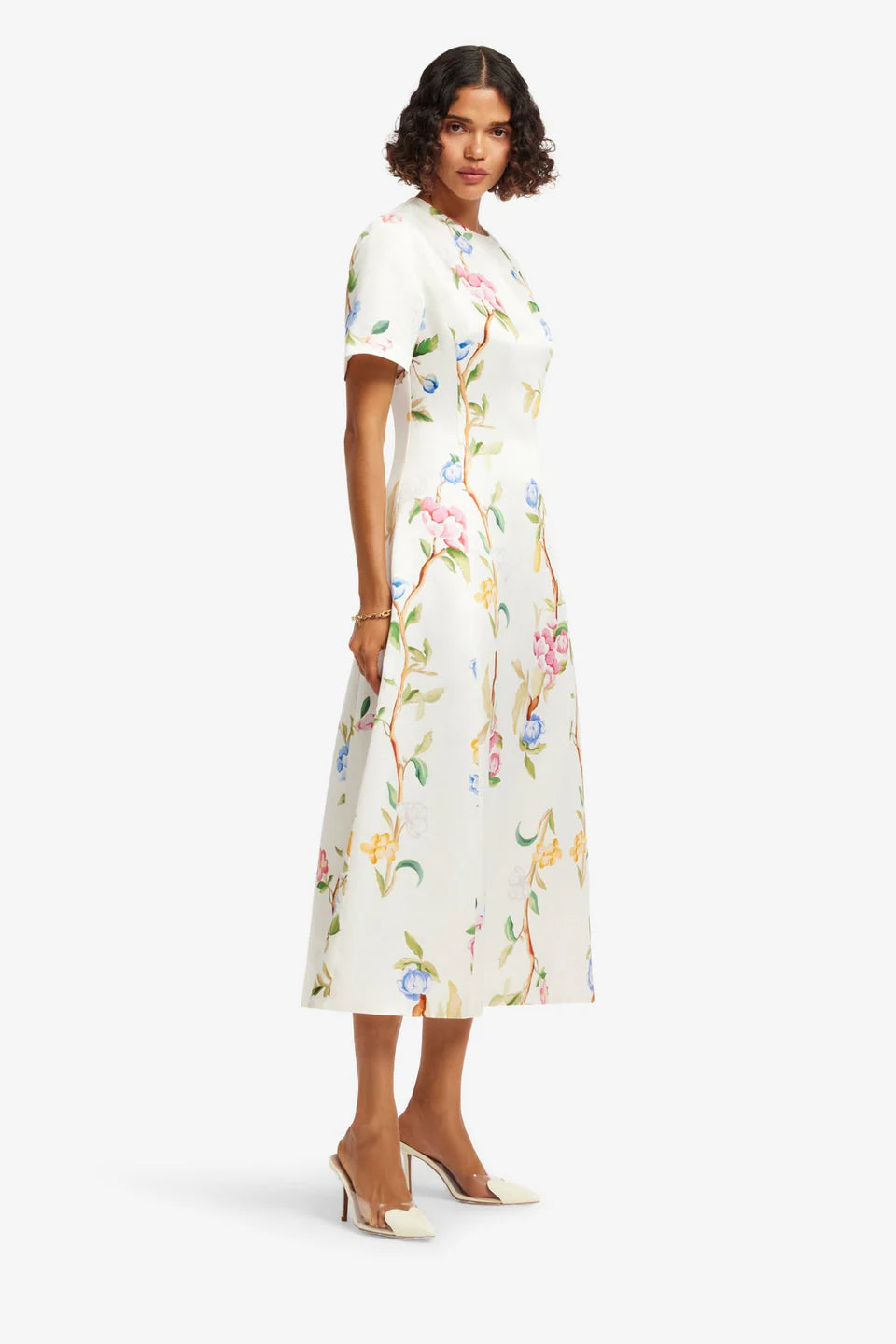 Caroline Midi Dress - Lemon Vine Print in Snow